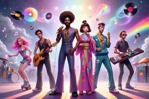 AI Video from prompt: a 6-member 1970s funk-rap fusion band performing