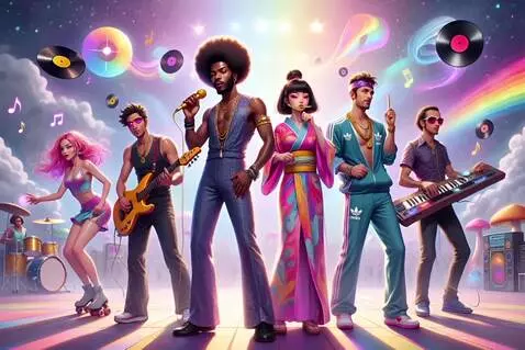 AI Video from prompt: a 6-member 1970s funk-rap fusion band performing
