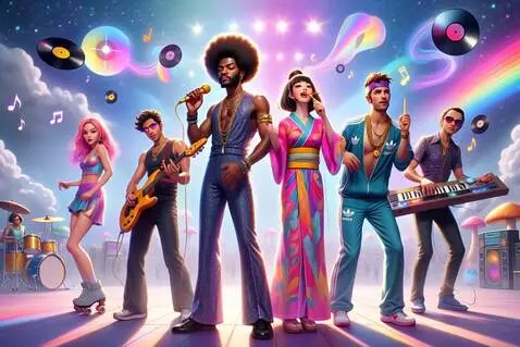 AI Video from prompt: a 6-member 1970s funk-rap fusion band performing