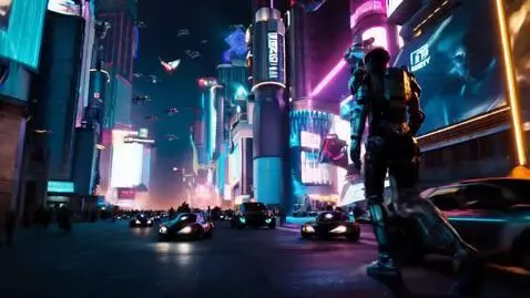 AI Video from prompt: A hustle and bustling futuristic cyberpunk city 
