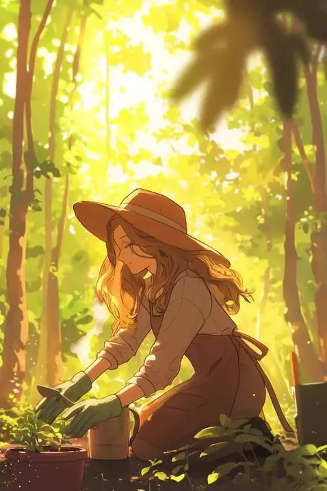 AI Video from prompt: Woman planting as the wind slightly blows and mo