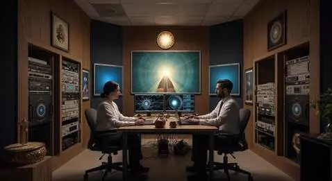 AI Video from prompt: Wide shot modern research facility where two sci