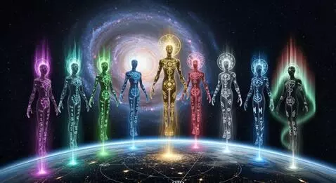 AI Video from prompt: Wide shot of nine luminous beings in perfect for