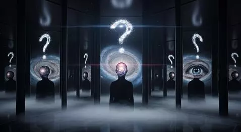 AI Video from prompt: Wide shot of infinite mirror corridor with silho
