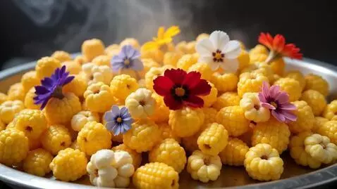 AI Video from prompt: Corn kernels rapidly pop revealing beautiful col