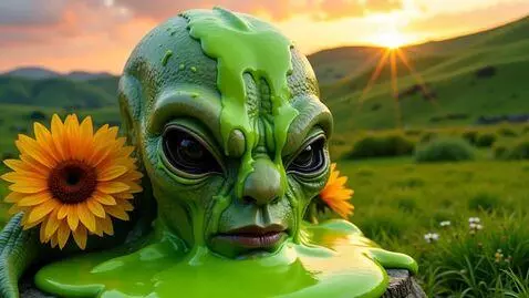 AI Video from prompt: Creepy alien face close up melting into bright G