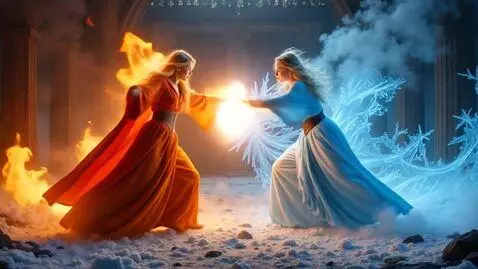 AI Video from prompt: A fire sorceress has a duel with an ice sorceres