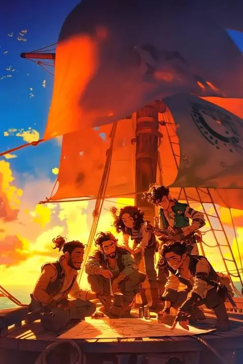 AI Video from prompt: The crew on the boat observing the map, the boat
