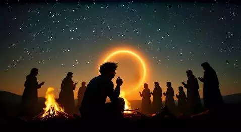AI Video from prompt: "Under a starlit sky, a person sits near a fire,