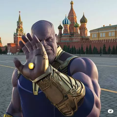 AI Video from prompt: Thanos snaps his left hand, and the Kremlin crum
