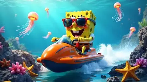 AI Video from prompt: sponge bob square pants in cool sunglasses ridin
