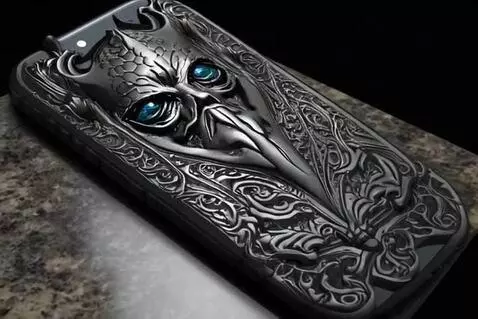 AI Video from prompt: Close-up of a phone case with a mask demon on it