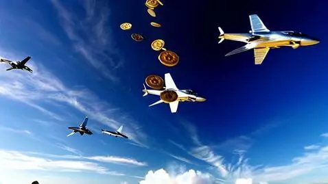 AI Video from prompt: Gold coins falling from the sky with fighter jet