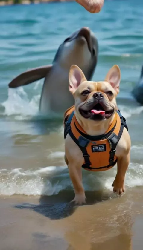 AI Video from prompt: One dolphin tosses a seashell toward the shore w