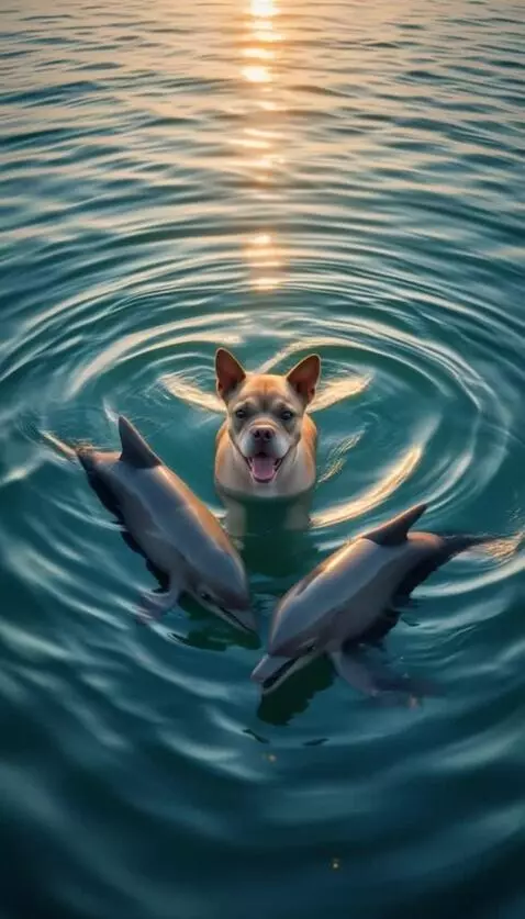 AI Video from prompt: Wide shot from above. The dog and the dolphins s