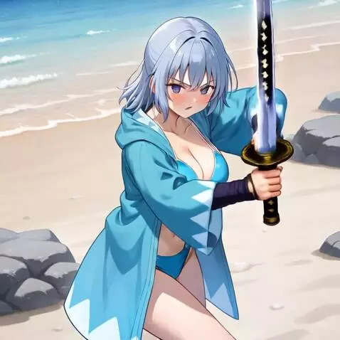 AI Video from prompt: She thrusts the Japanese katana sword in her lef