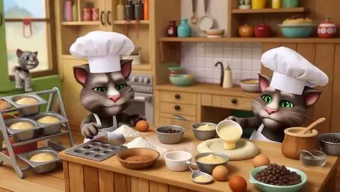 AI Video from prompt: In a small bakery a family of cats create and ma