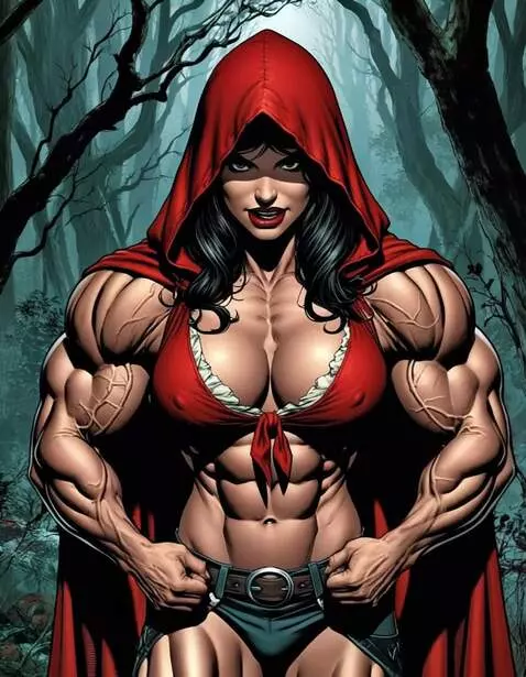 AI Video from prompt: The Red Riding Hood bodybuilder, walking and fle