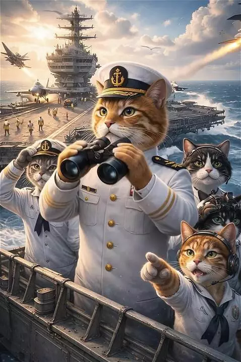 AI Video from prompt: An admiral cat on a ship with cat sailors, the s