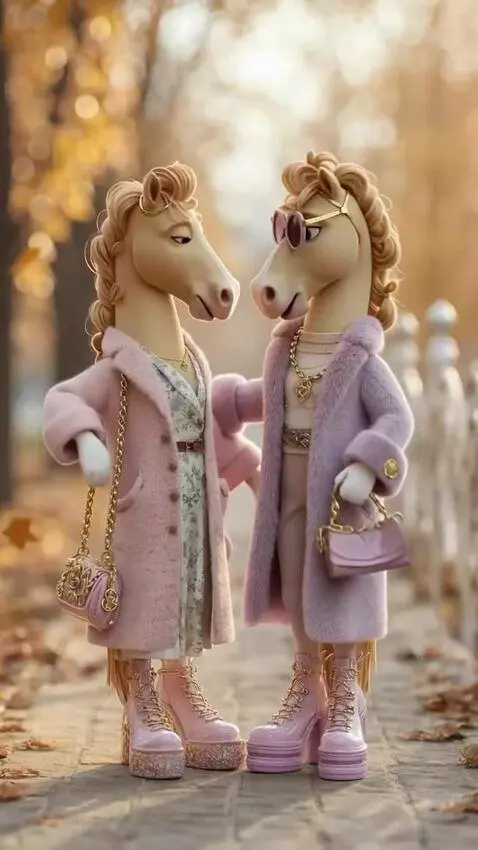 AI Video from prompt: Two glamorous Horses smiling and hugging