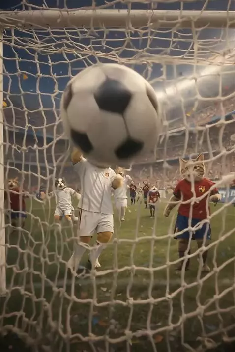 AI Video from prompt: Cats playing football, cats scoring goals, Tribu