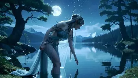 AI Video from prompt: A tall elf stands by a moonlit forest lake. She 