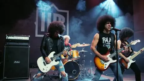 AI Video from prompt: 1980's big hair rock and roll band live on stage