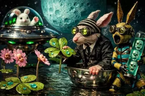 AI Video from prompt: The bunny waves as the rat picks a shamrock and 