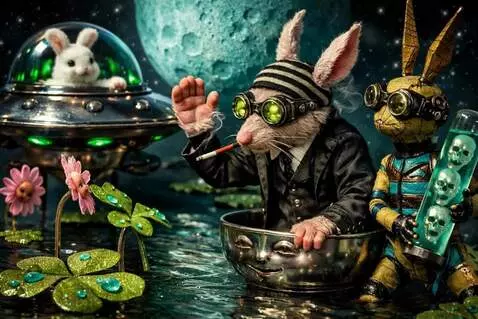 AI Video from prompt: The bunny waves as the rat removes its cigarette