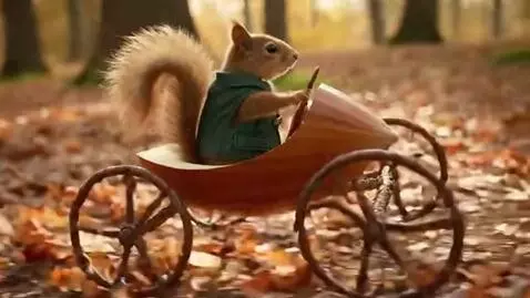 AI Video from prompt: A squirrel in a small vest, driving a car with a