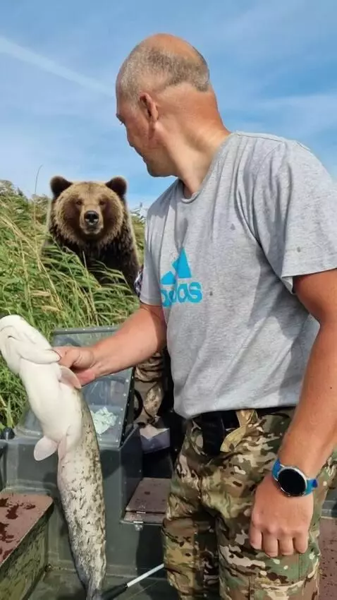 AI Video from prompt: A bear's face appears out of the grass. the man 