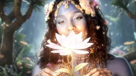 AI Video from prompt: the blue girl stares with delight and wonderment