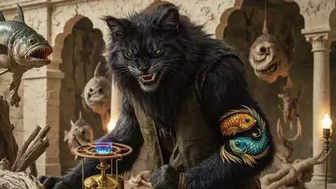 AI Video from prompt: Behemoth the cat fixes a primus stove, then thro