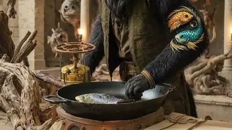 AI Video from prompt: Behemoth the Cat puts a frying pan on the stove,