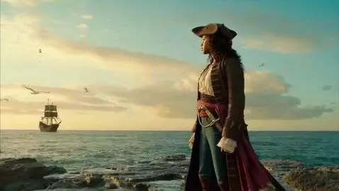 AI Video from prompt: The pirate girl is waiting for the ship, looking