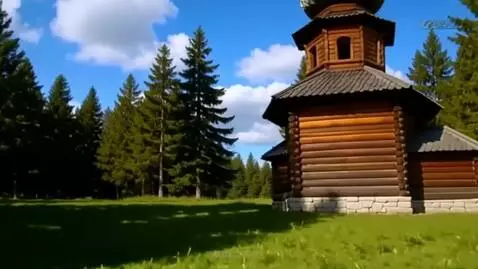 AI Video from prompt: We fly past a church. Behind the church, a wide,