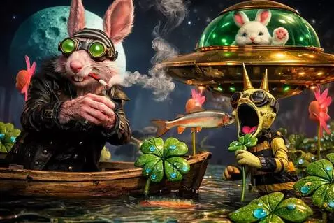 AI Video from prompt: A trout jumps into the rat's hand, as the cigare