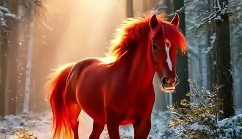 AI Video from prompt: a bright red horse gallops through a snow-covere