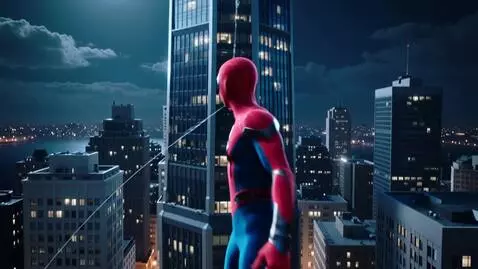 AI Video from prompt: Spider-man descends from a skyscraper on a spide