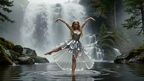 AI Video from prompt: Girl made of crystal dances under the waterfall.