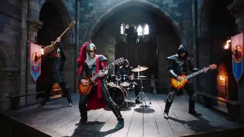 AI Video from prompt: Medieval metal band concert. Electric guitars, d