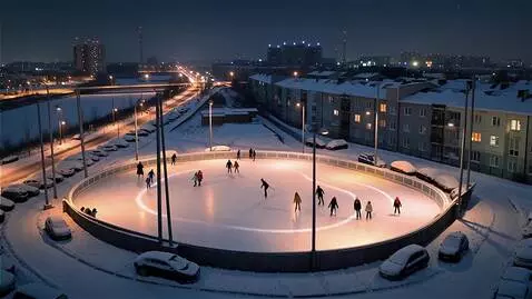 AI Video from prompt: Winter, night. The camera shows a winter skating