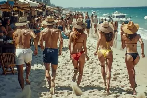 AI Video from prompt: 2 Muscular men and 3 sexy women start running do