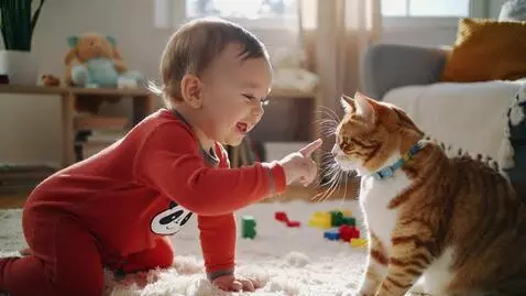AI Video from prompt: 5 years old baby funny conversations with cat