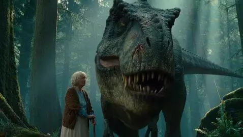 AI Video from prompt: dinosaur is, saying 67, 4k he is see a granny an