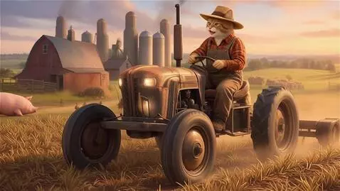 AI Video from prompt: A farmer cat is plowing a field on a tractor.