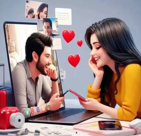 AI Video from prompt: They smile and chat online, and hearts fly aroun