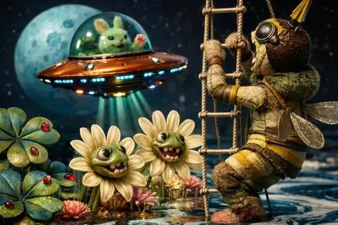 AI Video from prompt: The flowers chomp their teeth and lean toward th