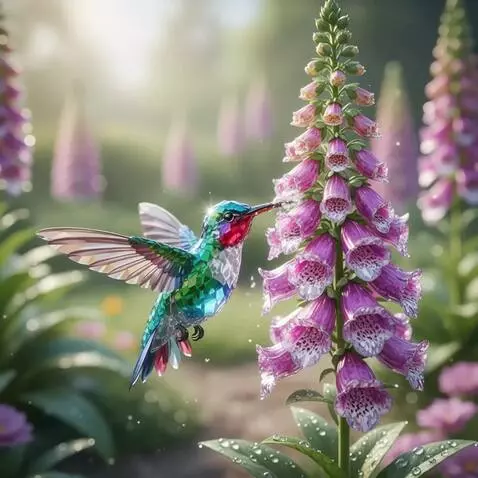 AI Video from prompt: a hummingbird flutters over a flower and drinks 
