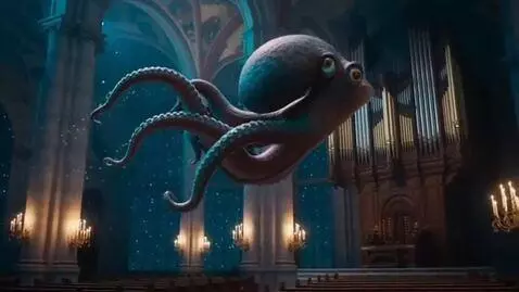 AI Video from prompt: In a baroque visual style, an octopus floats thr